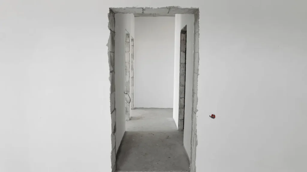 Kale betonnen ondergrond in een nog onafgewerkte gang van een nieuwbouwwoning