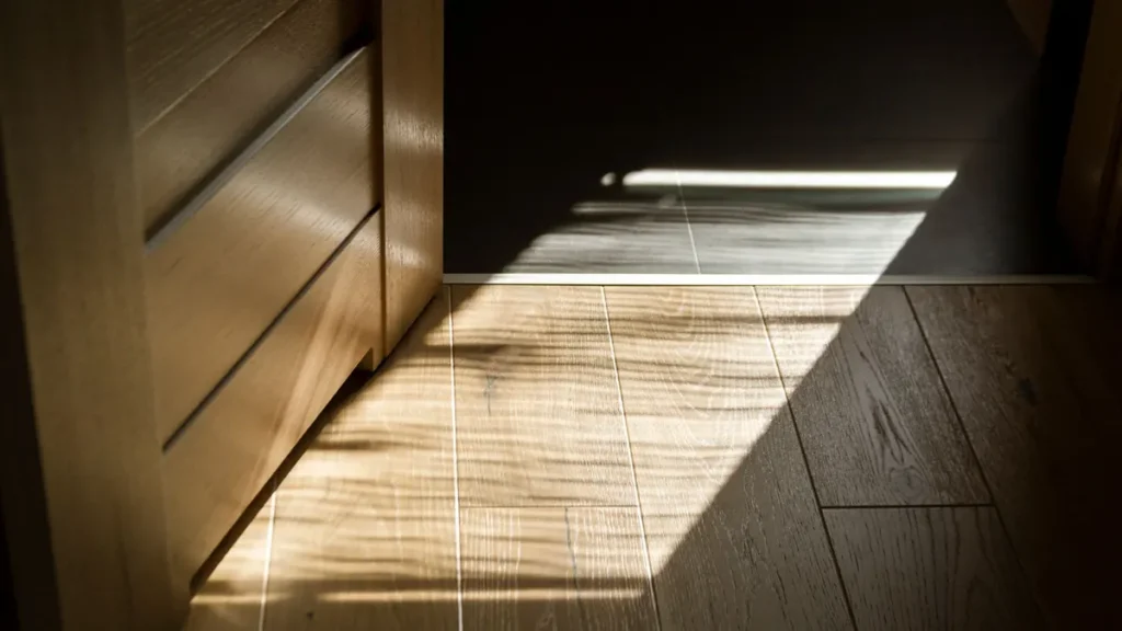 Strijklicht van de zon op een houten vloer bij een open deur